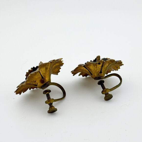 Vintage Black Enamel Flower‎ Screw Back Earrings Mid Century Floral Jewelry - Picture 5 of 10